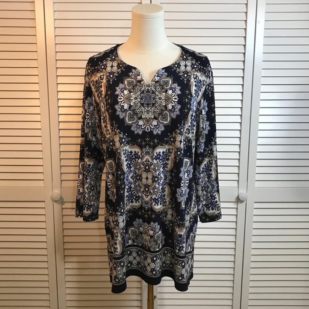 Allison Daley Retro Boho Beaded Paisley Blue Knit Tunic Blouse L